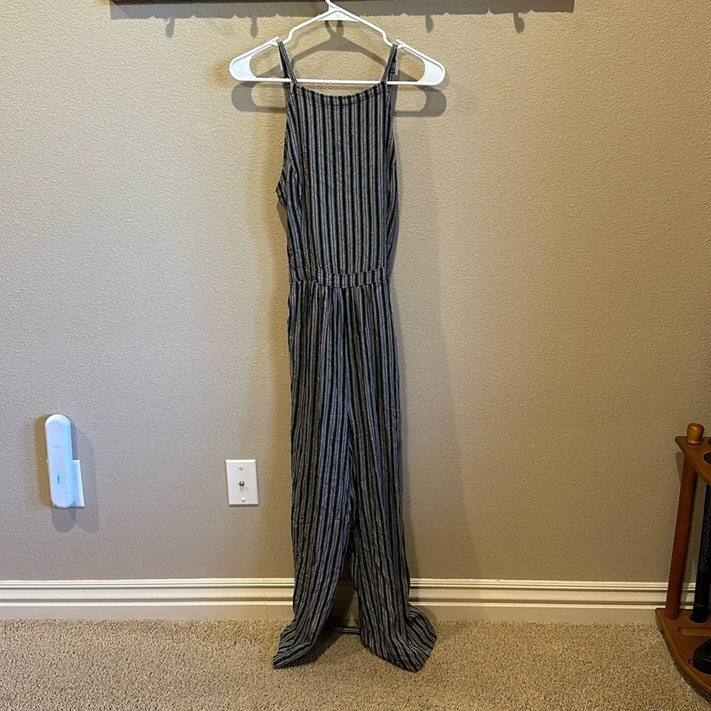 Gray and black striped pants romper